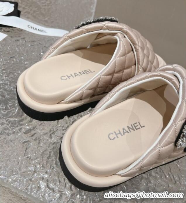 Sophisticated Chanel Cross Nylon Strap Slide Sandals with Crystals CC Nude 126098