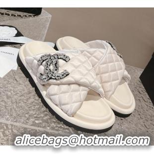 Charming Chanel Cross Nylon Strap Slide Sandals with Crystals CC Cream White 126099