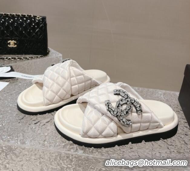 Charming Chanel Cross Nylon Strap Slide Sandals with Crystals CC Cream White 126099