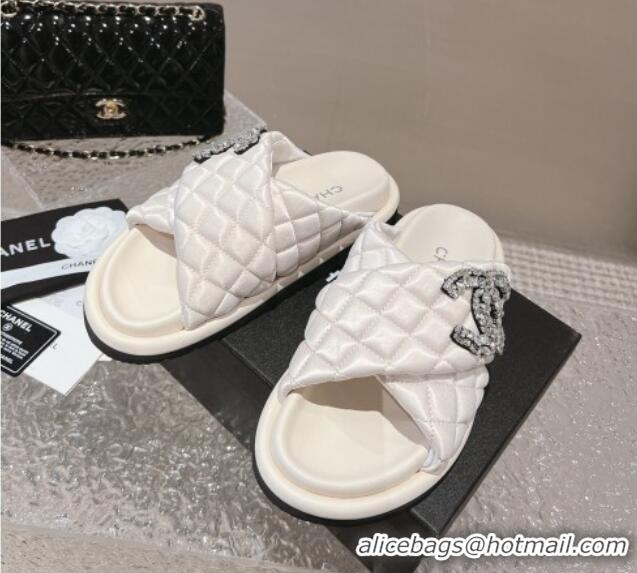 Charming Chanel Cross Nylon Strap Slide Sandals with Crystals CC Cream White 126099