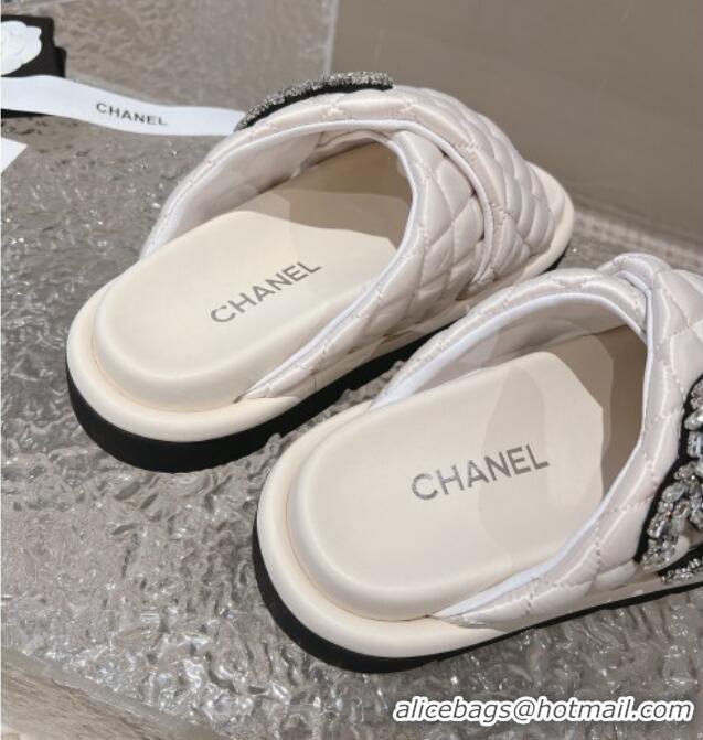 Charming Chanel Cross Nylon Strap Slide Sandals with Crystals CC Cream White 126099