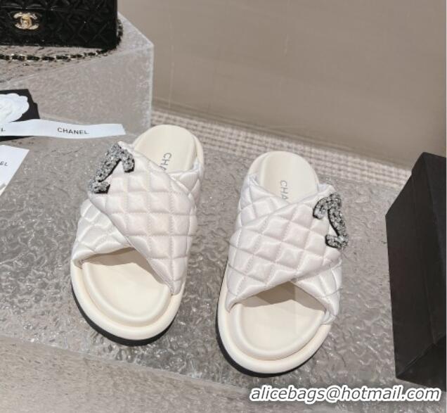 Charming Chanel Cross Nylon Strap Slide Sandals with Crystals CC Cream White 126099