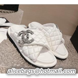 Stylish Chanel Cross Nylon Strap Slide Sandals with Crystals CC Snow White 0126100