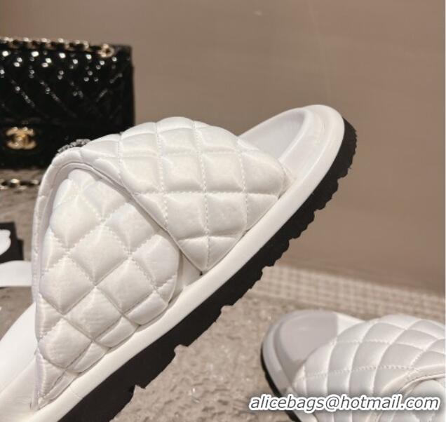 Stylish Chanel Cross Nylon Strap Slide Sandals with Crystals CC Snow White 0126100