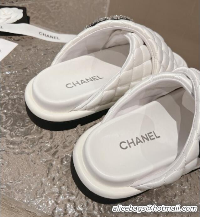 Stylish Chanel Cross Nylon Strap Slide Sandals with Crystals CC Snow White 0126100