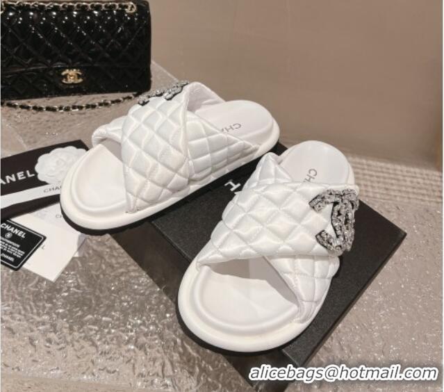 Stylish Chanel Cross Nylon Strap Slide Sandals with Crystals CC Snow White 0126100