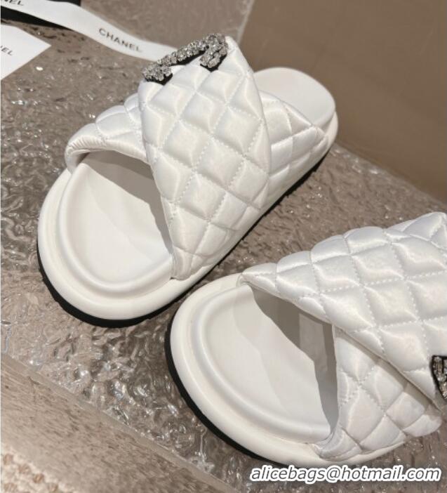 Stylish Chanel Cross Nylon Strap Slide Sandals with Crystals CC Snow White 0126100