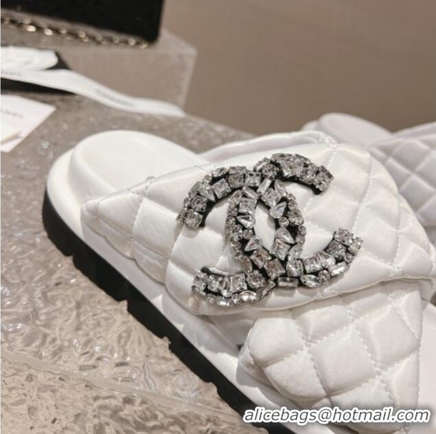 Stylish Chanel Cross Nylon Strap Slide Sandals with Crystals CC Snow White 0126100