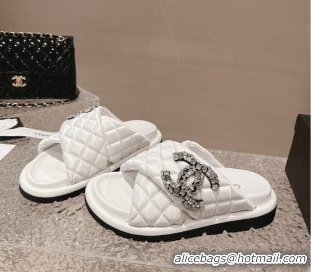 Stylish Chanel Cross Nylon Strap Slide Sandals with Crystals CC Snow White 0126100