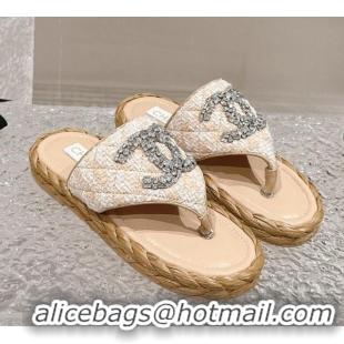 Stylish Chanel Tweed Flat Thong Slide Sandals with Crystals CC Beige 0126101