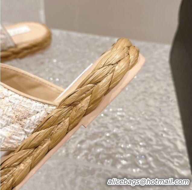 Stylish Chanel Tweed Flat Thong Slide Sandals with Crystals CC Beige 0126101