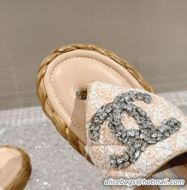 Stylish Chanel Tweed Flat Thong Slide Sandals with Crystals CC Beige 0126101