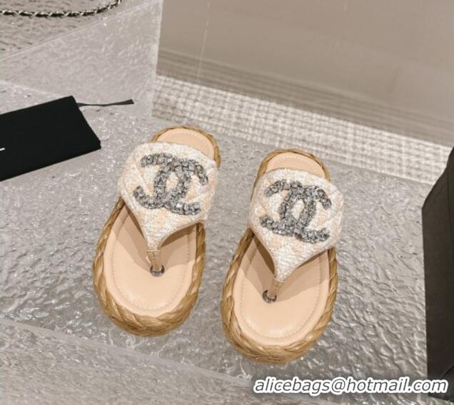 Stylish Chanel Tweed Flat Thong Slide Sandals with Crystals CC Beige 0126101