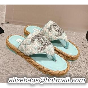 Top Design Chanel Tweed Flat Thong Slide Sandals with Crystals CC Light Green 0126102