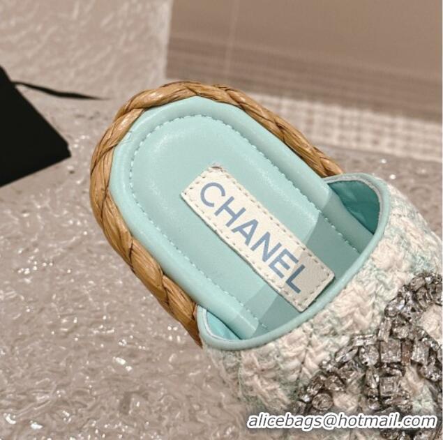 Top Design Chanel Tweed Flat Thong Slide Sandals with Crystals CC Light Green 0126102