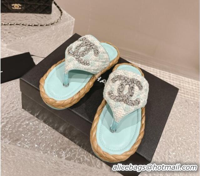 Top Design Chanel Tweed Flat Thong Slide Sandals with Crystals CC Light Green 0126102