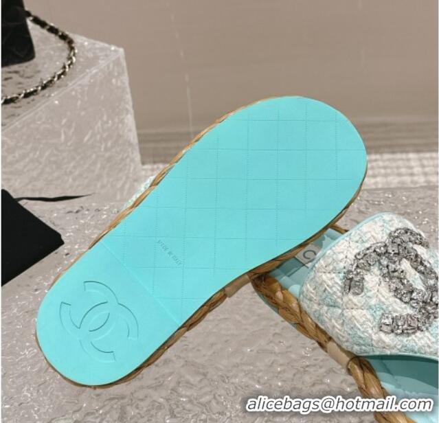 Top Design Chanel Tweed Flat Thong Slide Sandals with Crystals CC Light Green 0126102