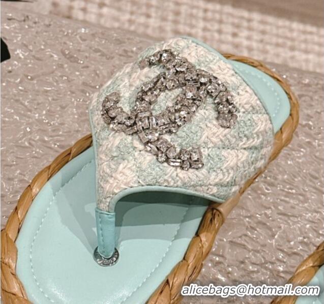 Top Design Chanel Tweed Flat Thong Slide Sandals with Crystals CC Light Green 0126102