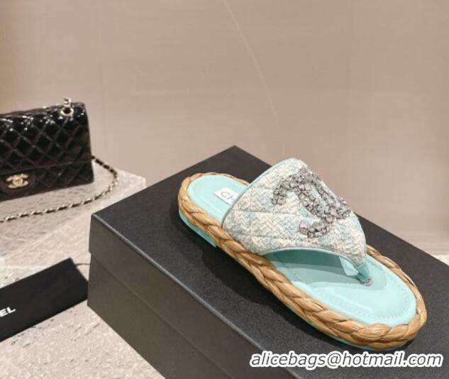 Top Design Chanel Tweed Flat Thong Slide Sandals with Crystals CC Light Green 0126102