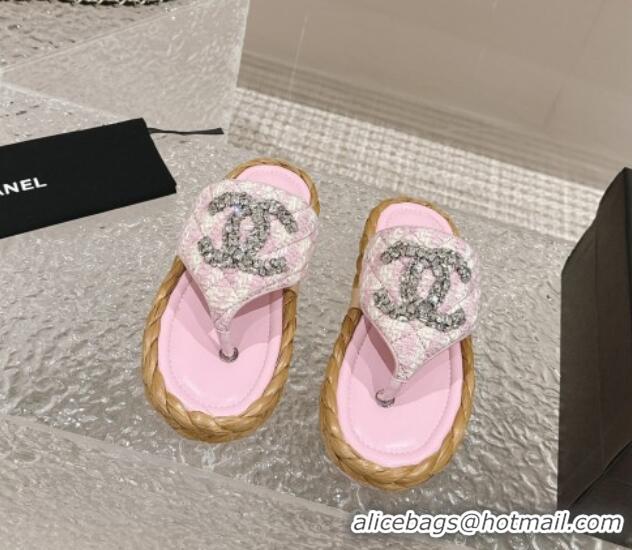 Popular Style Chanel Tweed Flat Thong Slide Sandals with Crystals CC Light Purple 0126103