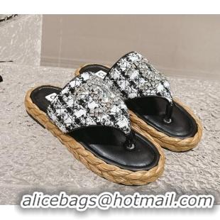 Luxury Cheap Chanel Tweed Flat Thong Slide Sandals with Crystals CC Black 0126104