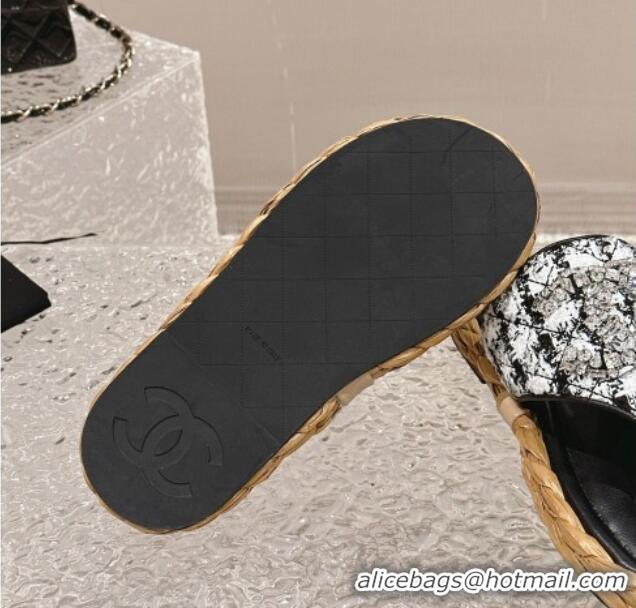 Luxury Cheap Chanel Tweed Flat Thong Slide Sandals with Crystals CC Black 0126104