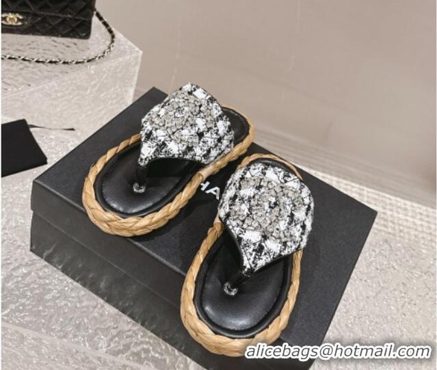 Luxury Cheap Chanel Tweed Flat Thong Slide Sandals with Crystals CC Black 0126104