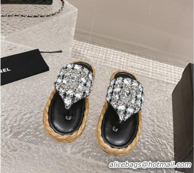 Luxury Cheap Chanel Tweed Flat Thong Slide Sandals with Crystals CC Black 0126104