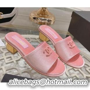 Top Grade Chanel Velvet Slide Sandals 5cm with Gold-Tone Heel Light Pink 0126105