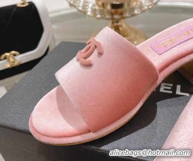 Top Grade Chanel Velvet Slide Sandals 5cm with Gold-Tone Heel Light Pink 0126105