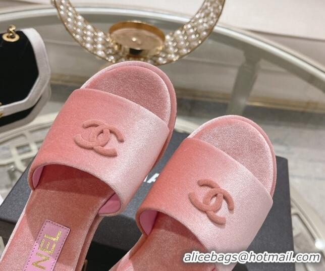 Top Grade Chanel Velvet Slide Sandals 5cm with Gold-Tone Heel Light Pink 0126105