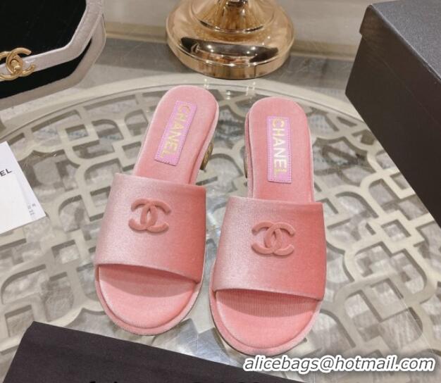 Top Grade Chanel Velvet Slide Sandals 5cm with Gold-Tone Heel Light Pink 0126105