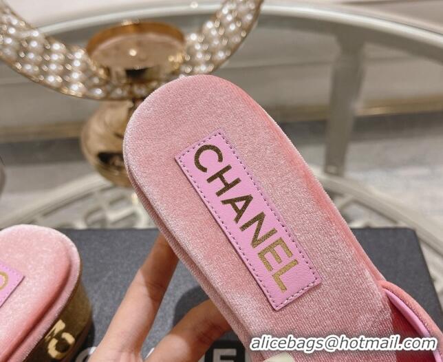 Top Grade Chanel Velvet Slide Sandals 5cm with Gold-Tone Heel Light Pink 0126105