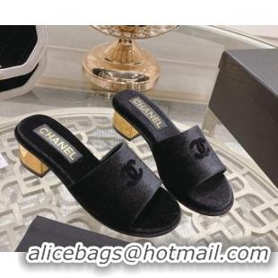 Cheap Price Chanel Velvet Slide Sandals 5cm with Gold-Tone Heel Black 126106