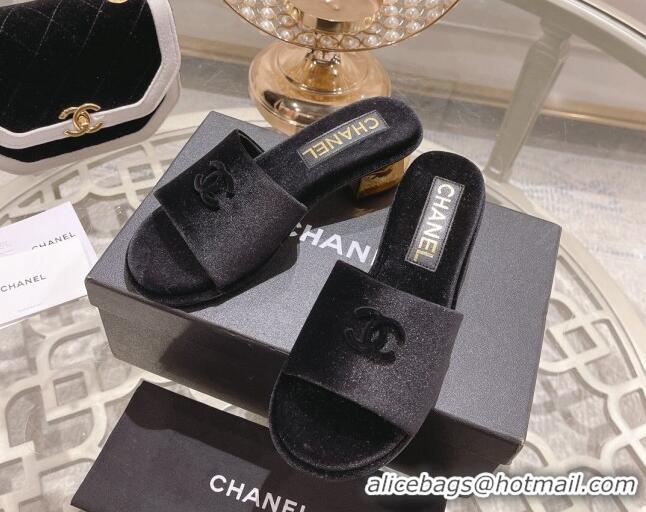 Cheap Price Chanel Velvet Slide Sandals 5cm with Gold-Tone Heel Black 126106