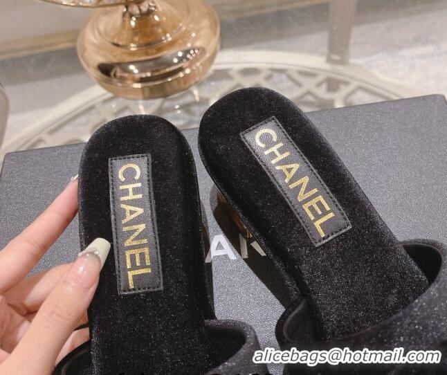 Cheap Price Chanel Velvet Slide Sandals 5cm with Gold-Tone Heel Black 126106