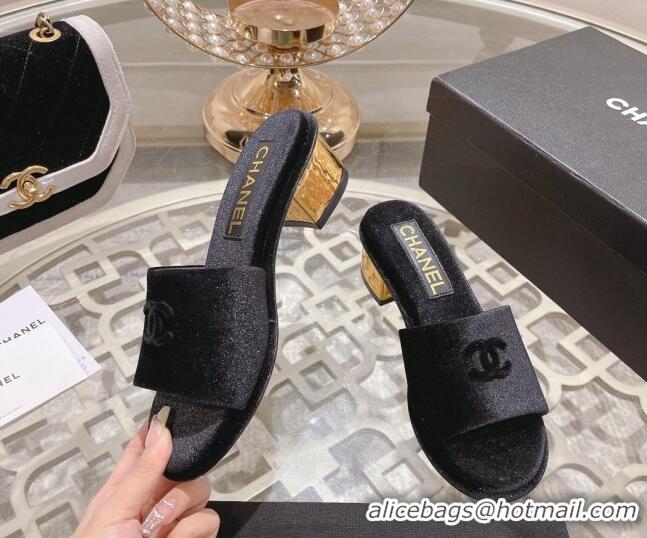 Cheap Price Chanel Velvet Slide Sandals 5cm with Gold-Tone Heel Black 126106