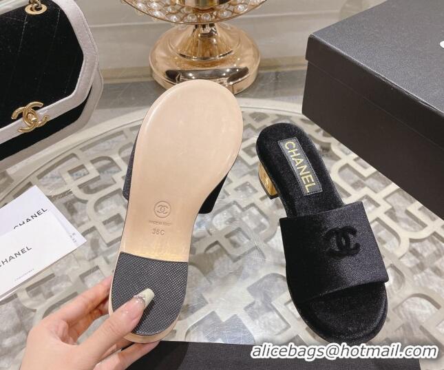 Cheap Price Chanel Velvet Slide Sandals 5cm with Gold-Tone Heel Black 126106