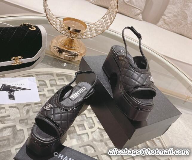 Best Grade Chanel Quilted Calfskin Platform Sandals 7.5cm Black 0126107