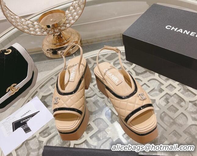 Top Grade Chanel Quilted Calfskin Platform Sandals 7.5cm Beige 126108