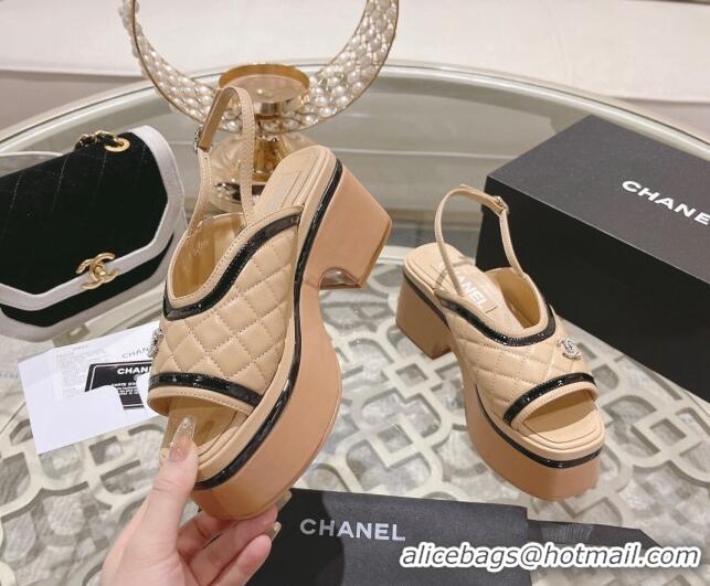 Top Grade Chanel Quilted Calfskin Platform Sandals 7.5cm Beige 126108