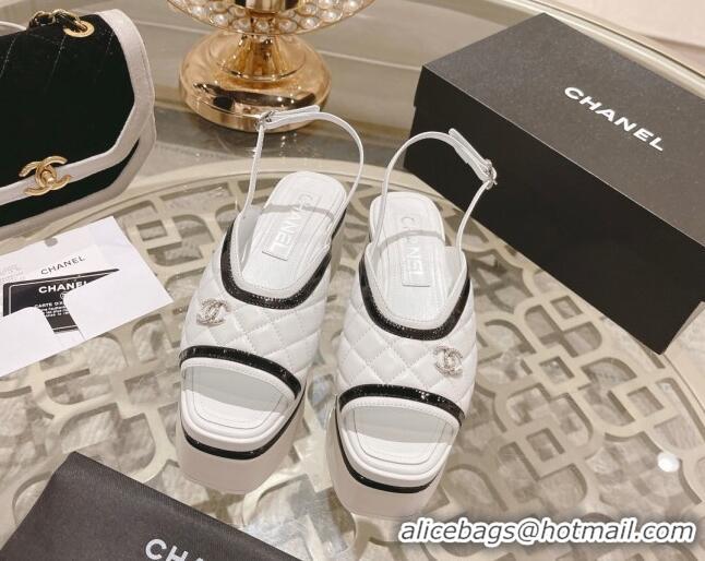 Good Quality Chanel Quilted Calfskin Platform Sandals 7.5cm White 0126110