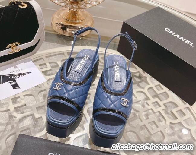 Good Looking Chanel Quilted Calfskin Platform Sandals 7.5cm Blue 126113