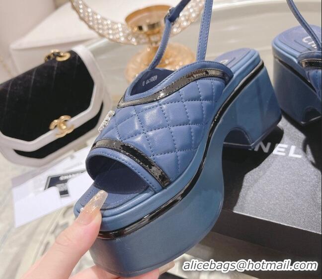 Good Looking Chanel Quilted Calfskin Platform Sandals 7.5cm Blue 126113