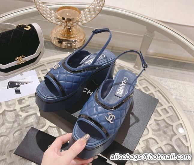 Good Looking Chanel Quilted Calfskin Platform Sandals 7.5cm Blue 126113