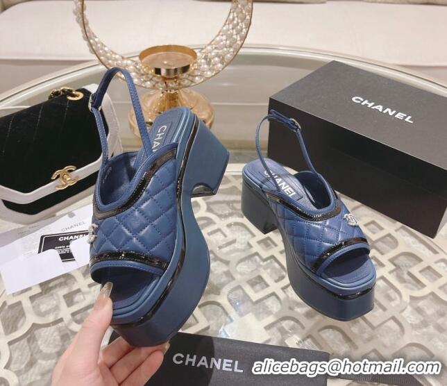 Good Looking Chanel Quilted Calfskin Platform Sandals 7.5cm Blue 126113