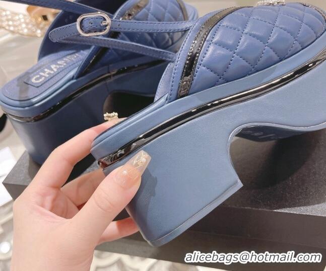 Good Looking Chanel Quilted Calfskin Platform Sandals 7.5cm Blue 126113