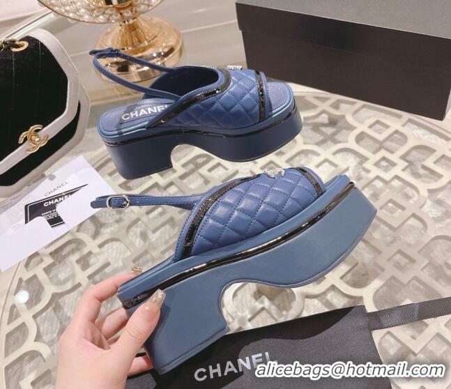 Good Looking Chanel Quilted Calfskin Platform Sandals 7.5cm Blue 126113