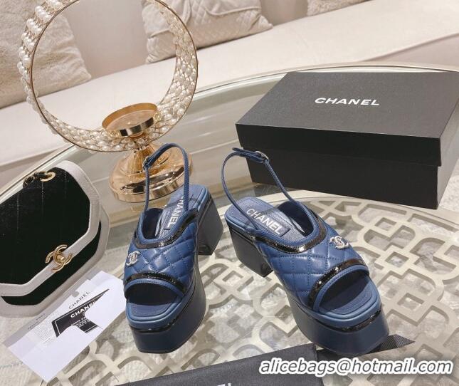 Good Looking Chanel Quilted Calfskin Platform Sandals 7.5cm Blue 126113