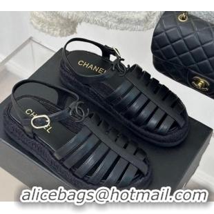 Good Product Chanel Lambskin Strap Flat Sandals Black 126115